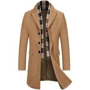 Men's Wool Blend Coat with Detachable Plaid Scarfs Notched Collar SingleBreasted